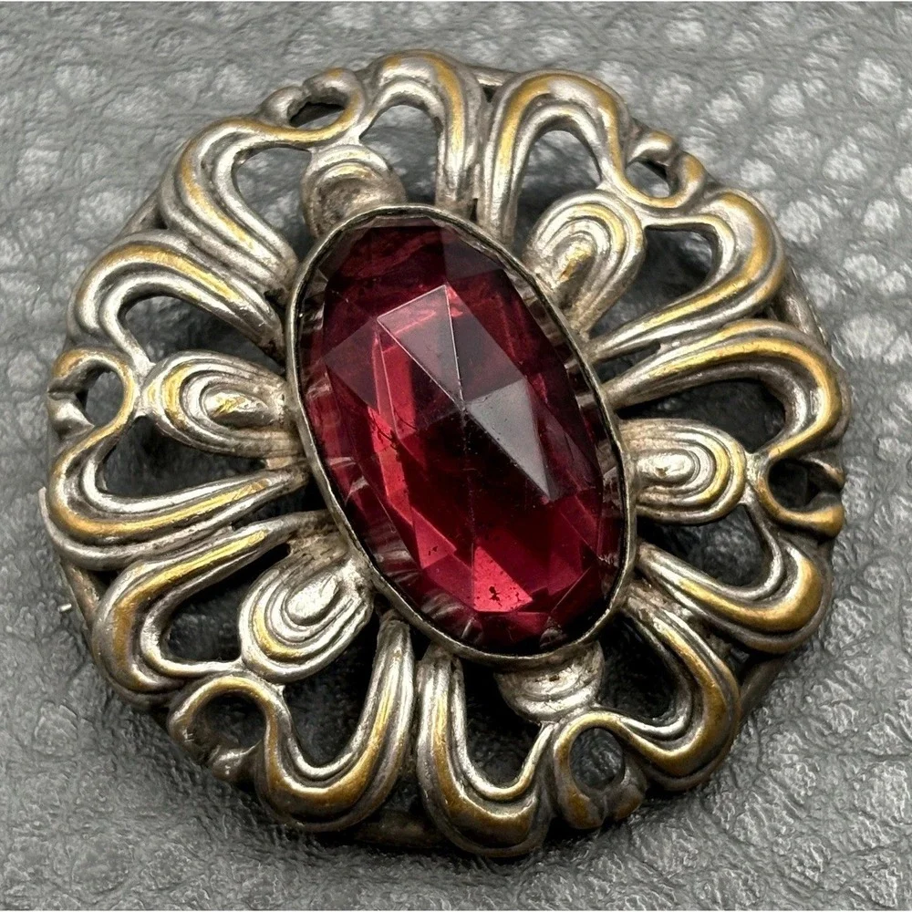 Antique Victorian Era Filigree Brooch Red Faux Garnet Faceted Stone C Clasp